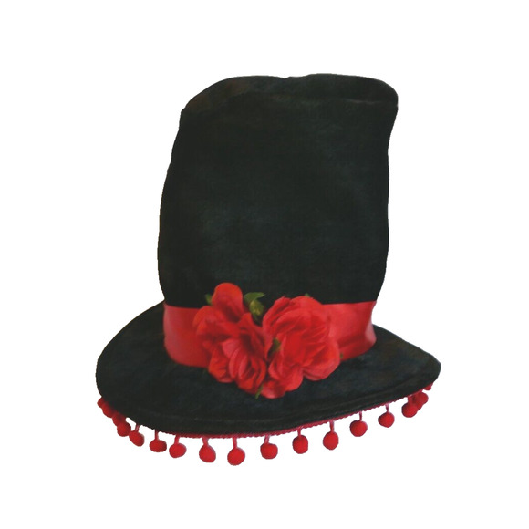 Day of The Dead Black Costume Hat with Red Flowers and Ribbon - Picture 2 of 10